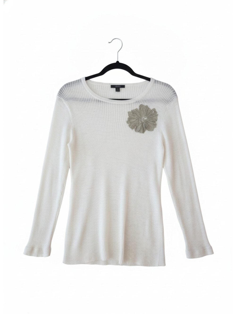 EUC J.Crew White Ribbed Pullover Sweater with Sequin Flower Detail XL